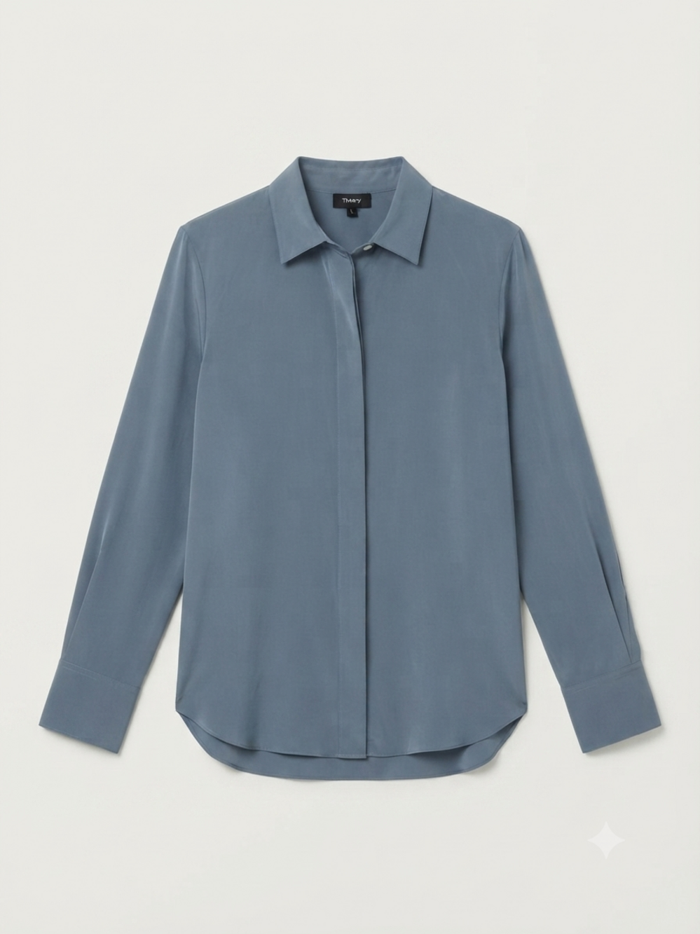 Theory blue silk blend button front long sleeve collared shirt